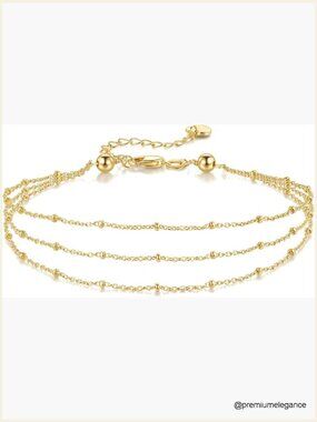 Triple-Layered Gold Ankle Bracelet 14K Gold Plated Beaded Anklet for Women